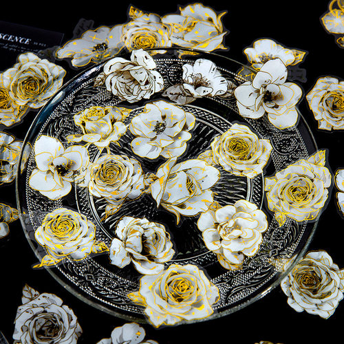 花朵玫瑰盐系防水烫金手账贴纸