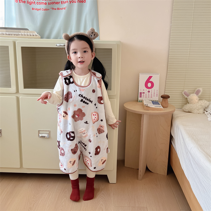 宝宝无袖法兰绒睡袋秋冬婴儿保暖背心式睡袍儿童护肚防踢被连体衣