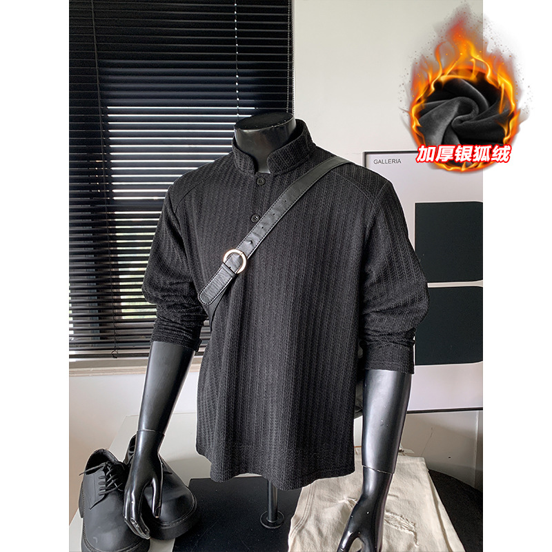 重磅480g鱼骨纹保暖银狐绒亨利领长袖T恤加绒