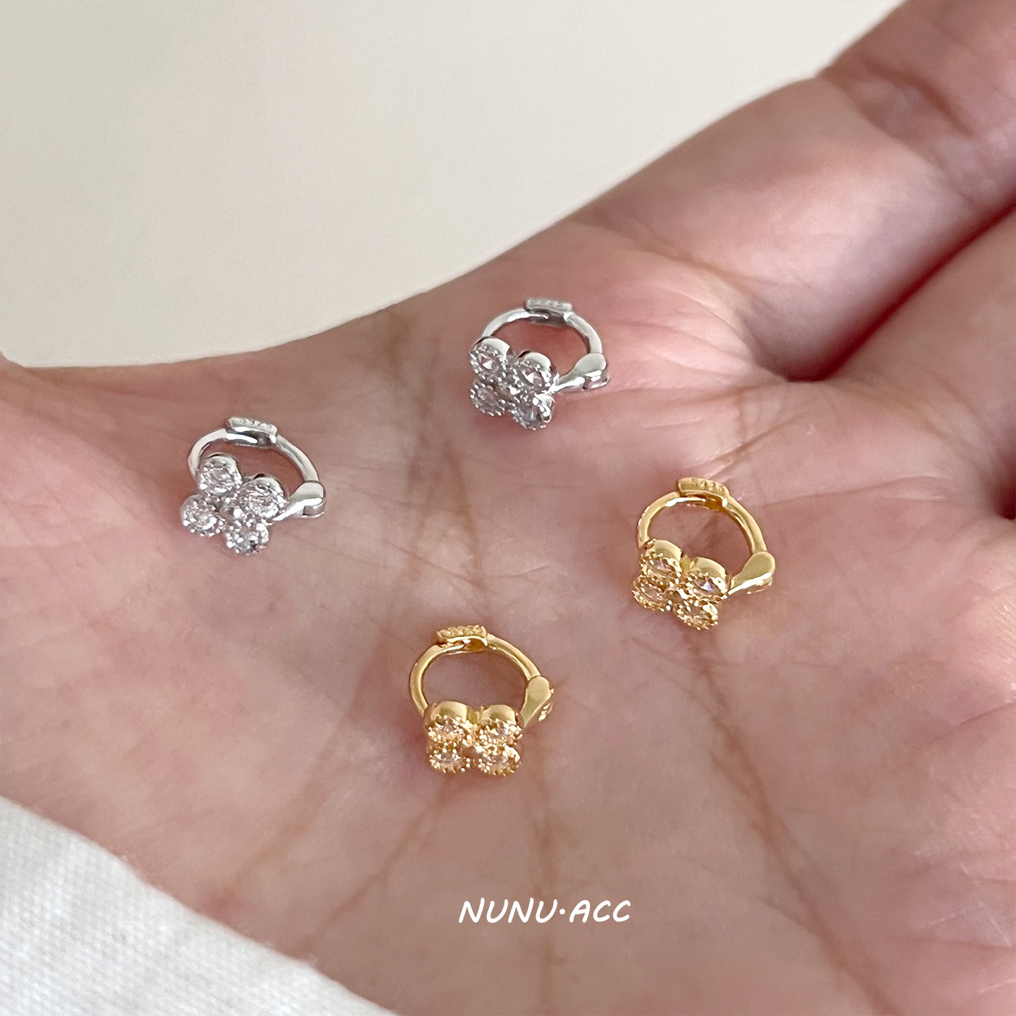 NUNU睡觉不用摘幸运四叶草s925纯银耳骨环满钻锆石轻奢小耳朵耳圈