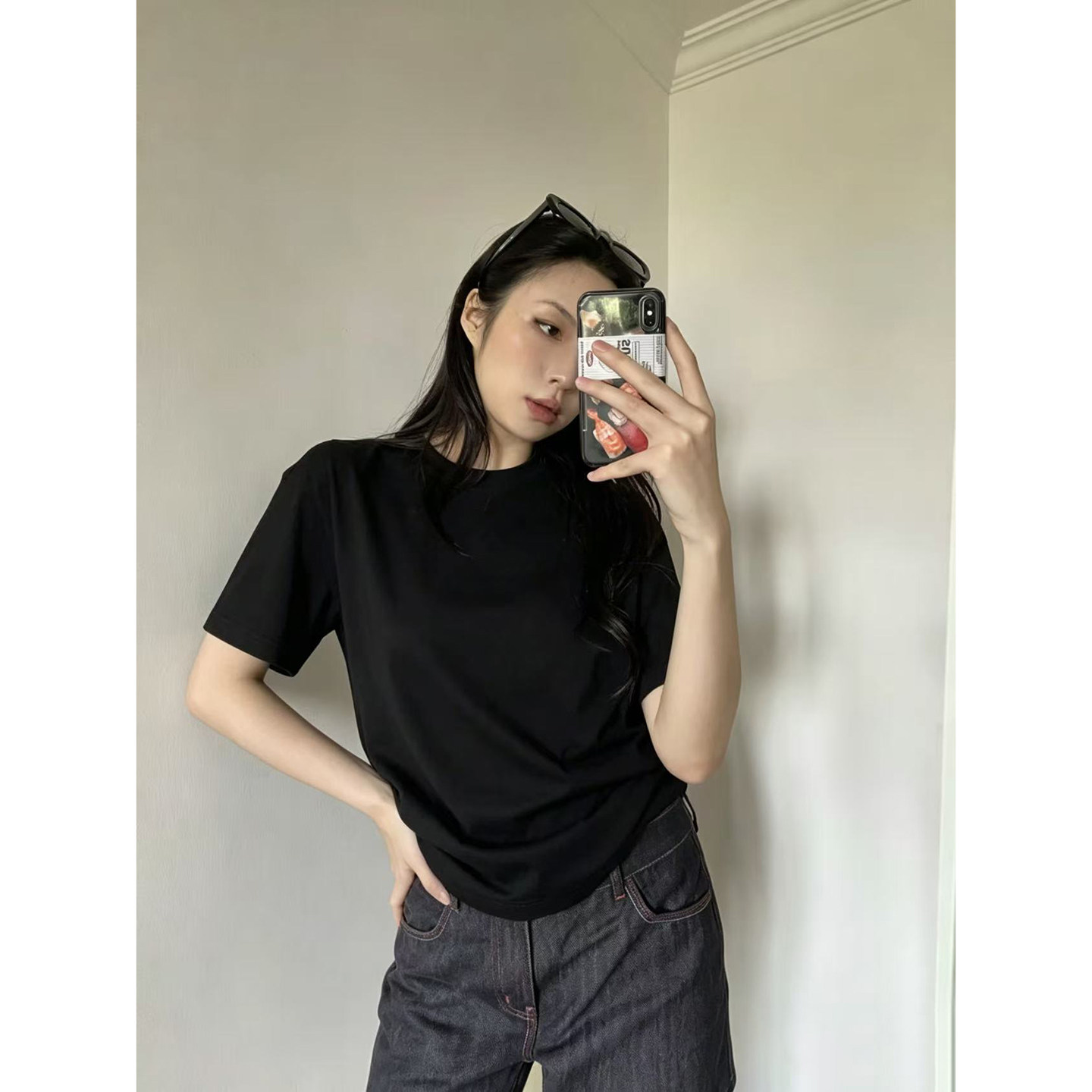 慵懒风黑色休闲简约短袖T恤女