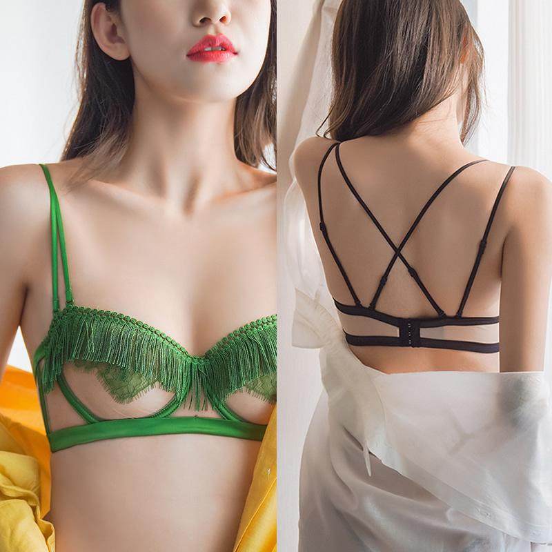 美背交叉肩带小胸内衣半杯透明超薄款性感蕾丝网纱镂空胸罩防溜肩