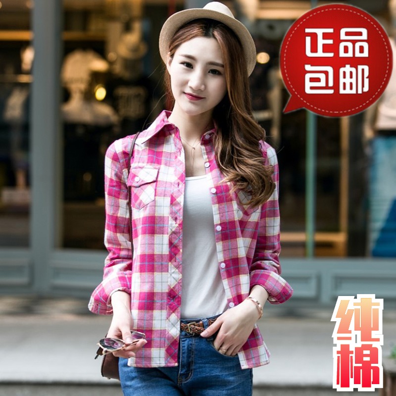 2025年春秋款纯棉格子衬衫女长袖外套版修身显瘦打底磨毛衬衣女装