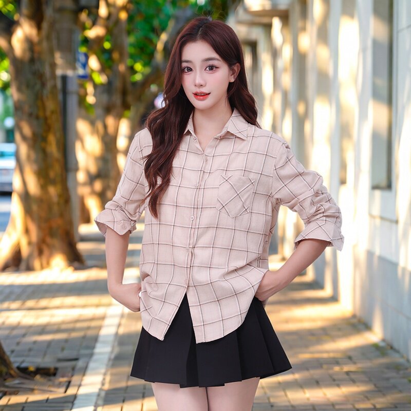 韩版长袖纯棉格子衬衫女图片