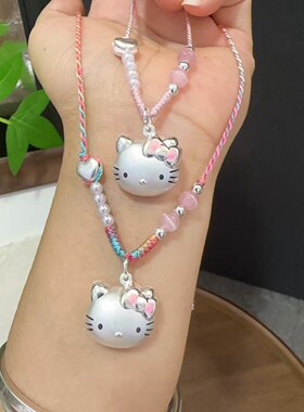 凯蒂猫足银999猫头纯银hellokitty桃花编绳凯蒂猫银项链吊坠