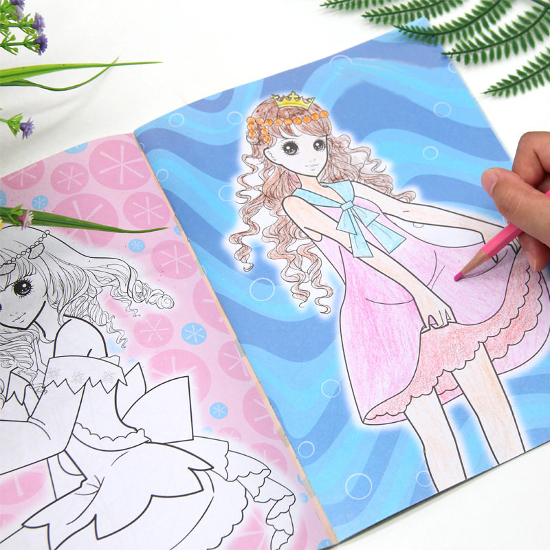 公主涂色书儿童画画本幼儿园绘画册小女孩美少女涂鸦填色本图画本