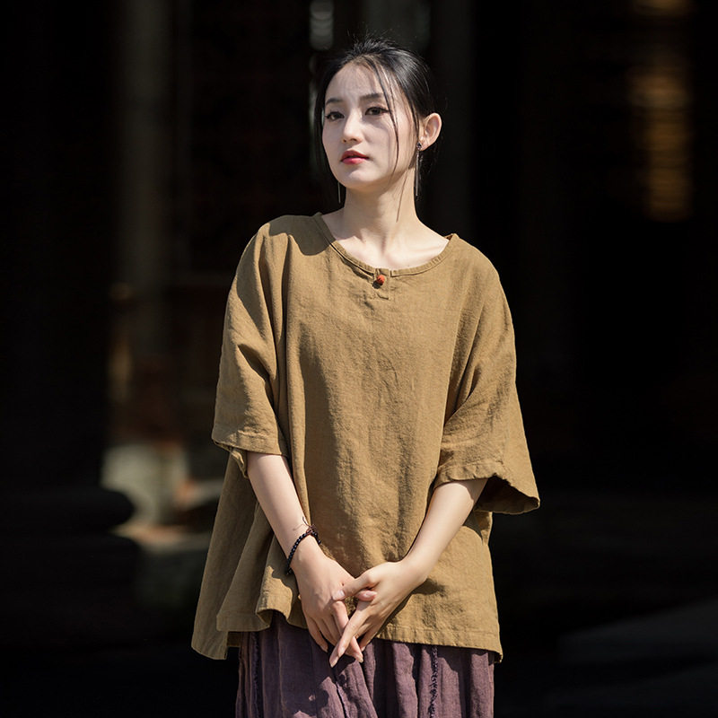 棉麻短袖改良套头衫夏苎麻砂洗盘扣文艺新中式女装宽松上衣T恤衫