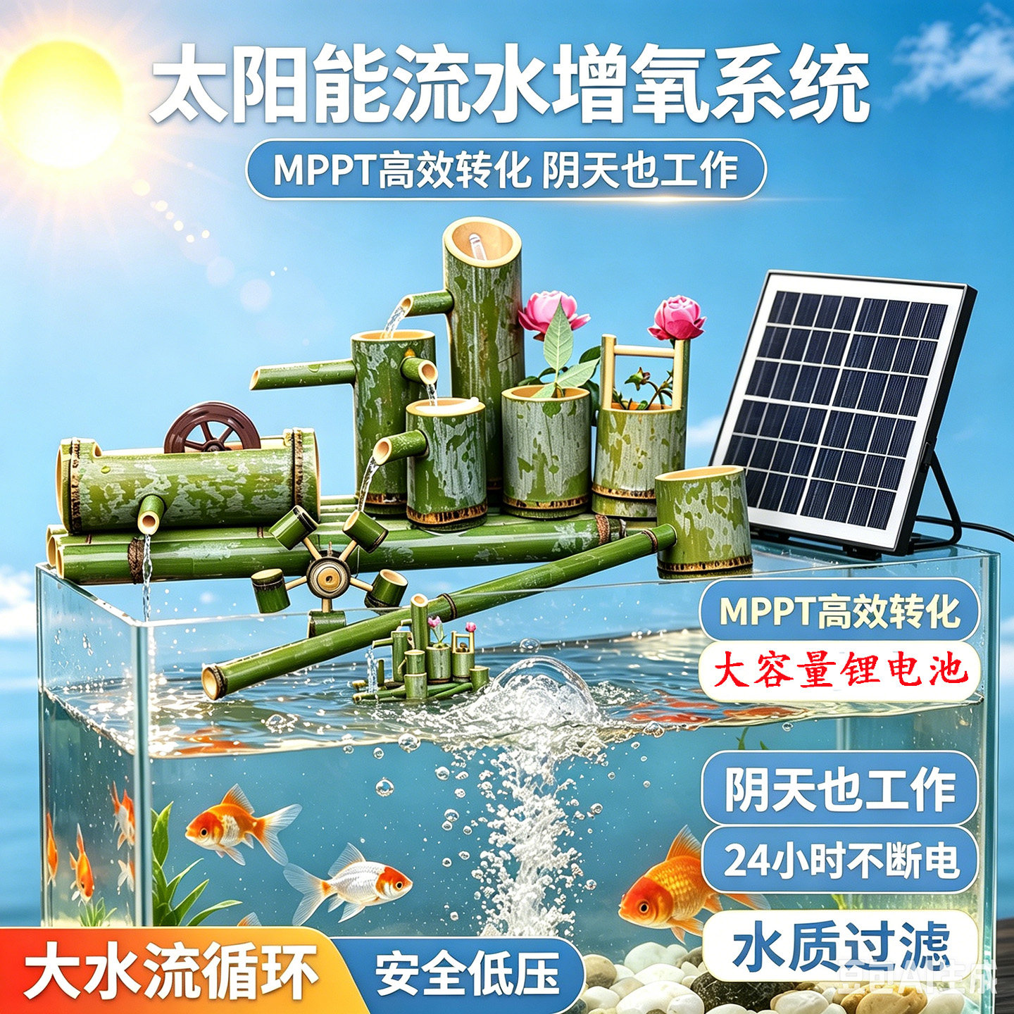 极高人家太阳能自动循环竹流水养鱼增氧机过滤庭院鱼池摆件抽水泵