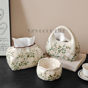 繁花复古陶瓷纸巾盒冰裂客厅抽纸盒创意高级感纸抽盒家用装饰摆件