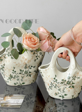 原创花篮设计田园风手提包陶瓷花瓶水养鲜花插花高级感装饰品摆件