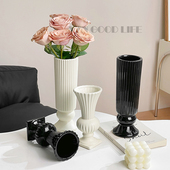 法式 陶瓷花瓶小条纹轻奢高级感插花复古玫瑰鲜花水养客厅摆件白色