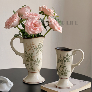 饰品 新繁花复古陶瓷花瓶奶壶摆件客厅水培插花创意高级感田园风装