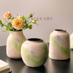饰摆件 田园清新小陶瓷花瓶高端艺术彩色冰裂纹水养植物鲜花家居装