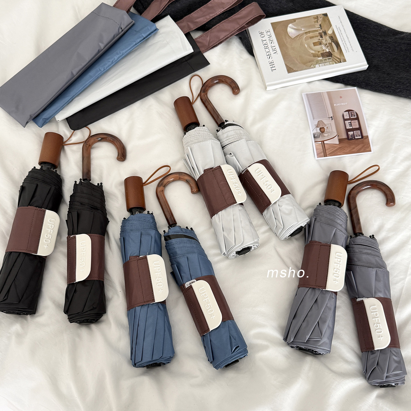 msho免折叠~纯色复古木柄高级感高颜值雨伞防晒防紫外线太阳伞