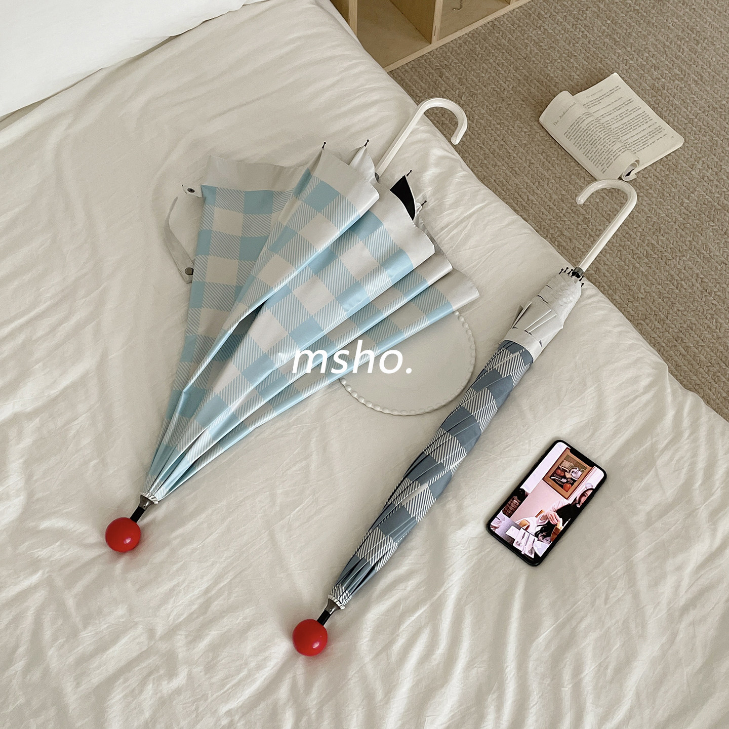 msho简约格子~长柄雨伞女高颜值防紫外线晴雨两用伞ins可爱遮阳伞,居家日用,伞,淘宝优惠券,粉丝福利购,淘宝优惠卷