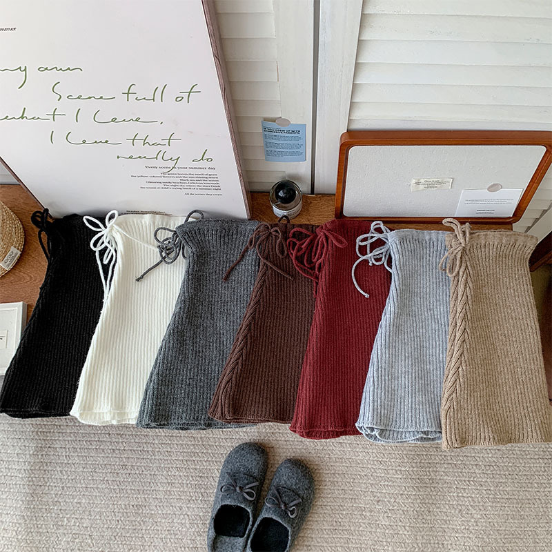 个性绑带蝴蝶结袜套女早秋新款纯色百搭微喇叭显瘦叠穿针织小腿袜