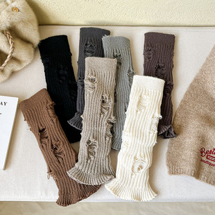 破洞乞丐堆堆袜套女黑白色针织小腿套秋冬外穿日系个性 辣妹靴子袜