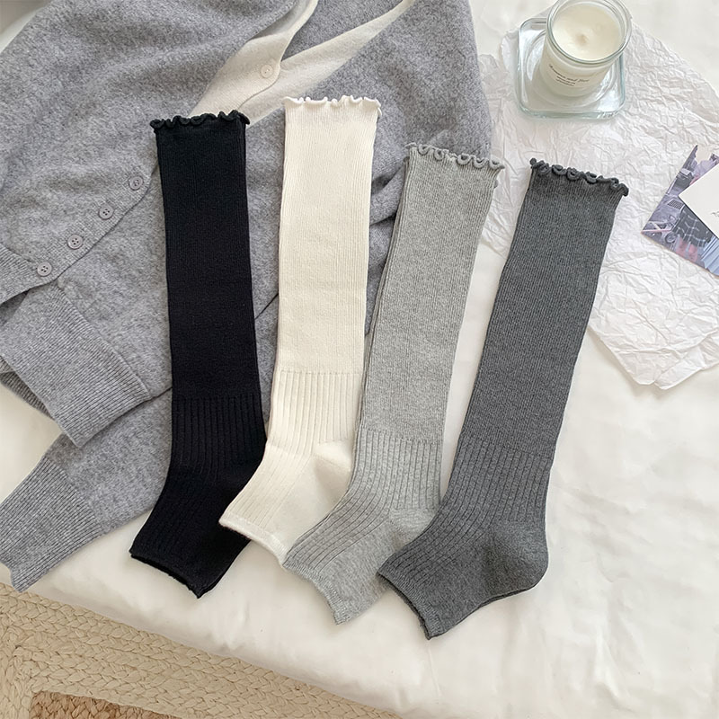 白色木耳边踩脚袜套女日系芭蕾风秋冬季纯色百搭及膝小腿堆堆袜套