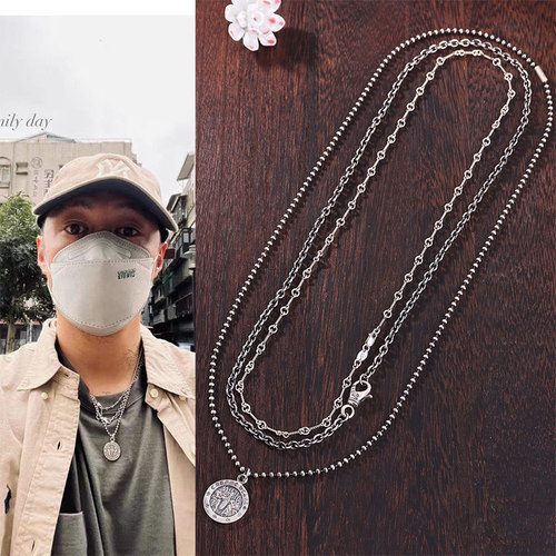 手工银饰叠戴项链LS余文乐同款天使珠子竹节O形项链男生小众潮流