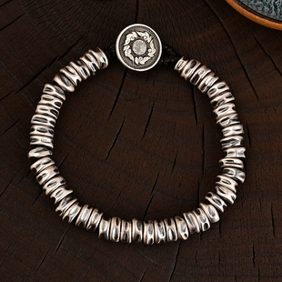 手工捶打碎银子复古潮流福扣银盘缠925银高级手链手串嘻哈男女款