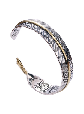手工潮流个性潮人款高桥吾郎羽毛开口活口925银手镯纯银原创复古