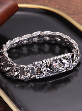 男纯银手工做旧霸气厚重手链