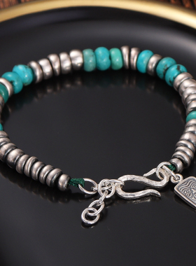 925银盘缠手工捶打绿松石扎基拉姆招财神高级潮流手链串男款复古