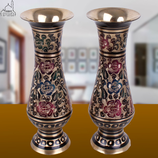 巴基斯坦进口铜器手工黑漆彩花瓶仿古金属花瓶摆设插花艺