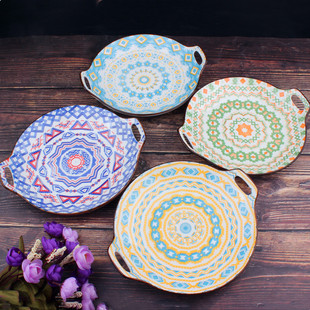 新疆民族风彩绘陶瓷盘子家用双耳菜盘拌面炒面抓饭圆盘子干果零食