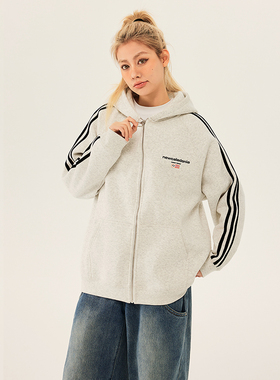 SOSER国潮美式拼接印花拉链衫卫衣男女秋冬季潮牌情侣装织带上衣