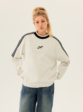 SOSER春秋冬复古插肩袖拼接半拉条S印花长袖T恤男女情侣潮牌打底