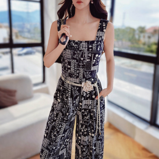粉红大布娃娃波西米亚民族风印花背心上衣拖地阔腿裤套装女夏装