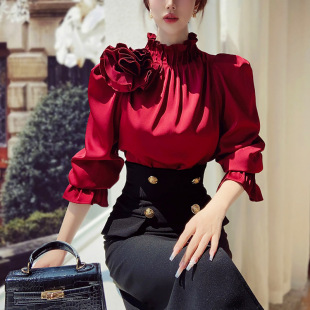 新款 秋季 内搭气质上衣女 酒红色木耳边衬衫 粉红大布娃娃高级感法式