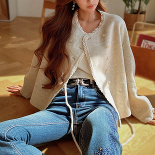 粉红大布娃娃蕾丝花边短款绵羊毛外套女收腰系带大衣2025秋冬新款