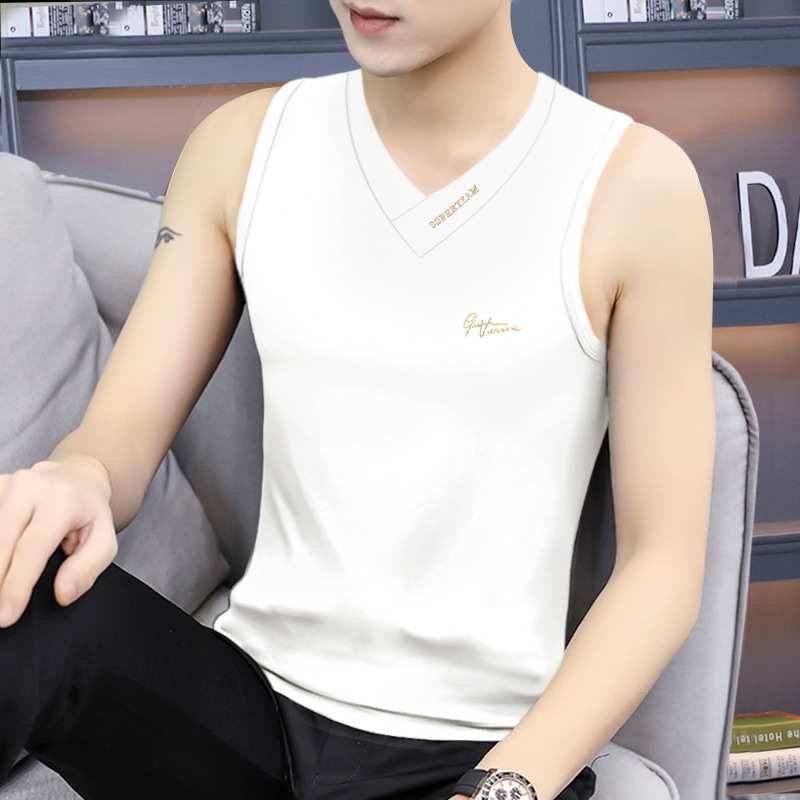 男士短袖t恤2025新款V领冰丝薄款高端半袖体恤衫白色男装夏季潮牌