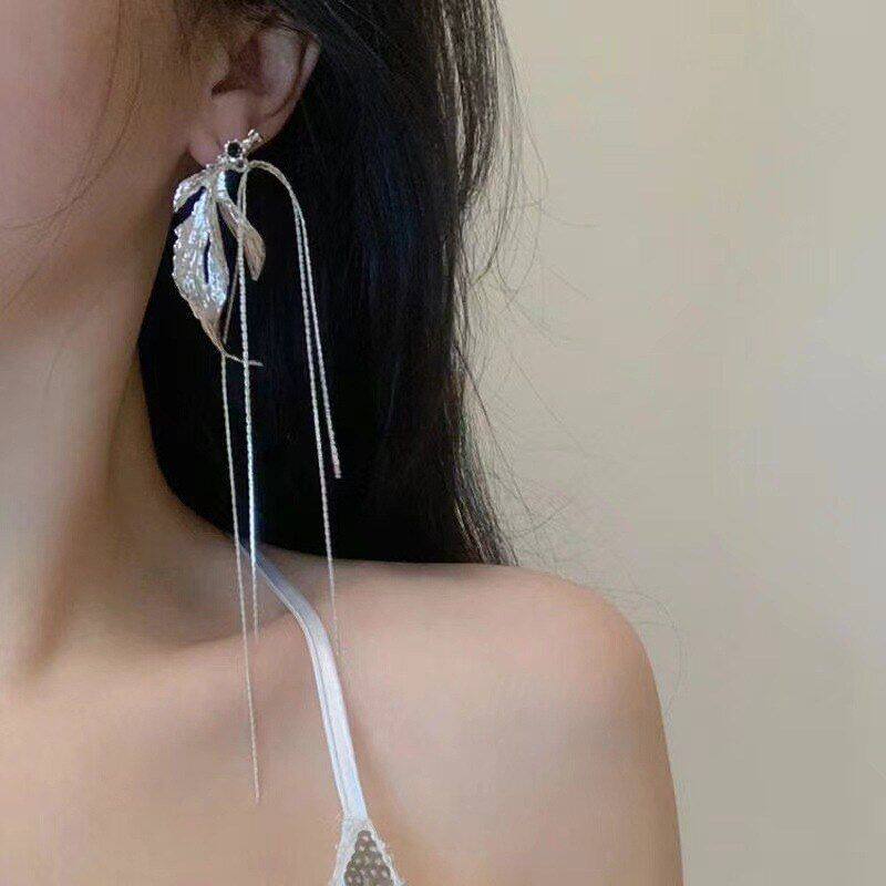银色树叶大圆脸适合的耳钉小众设计感百搭女超长款流苏耳环耳饰