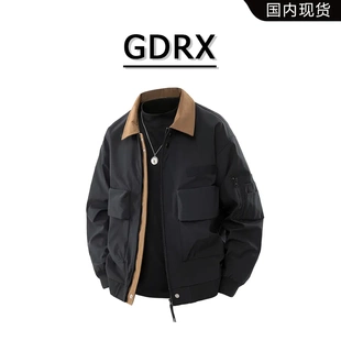 GDRX痞帥港風翻領男士 新款 百搭潮流工裝 假兩件外套 夾克2025秋季