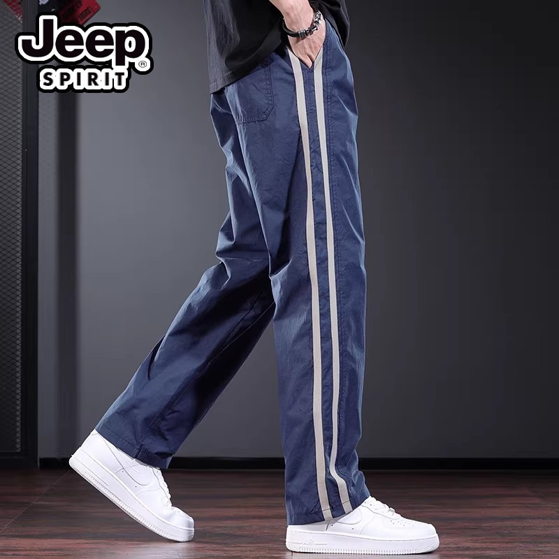 JEEPSPIRIT测边条纹休闲裤男夏季薄款宽松直筒长裤潮牌蓝色男裤