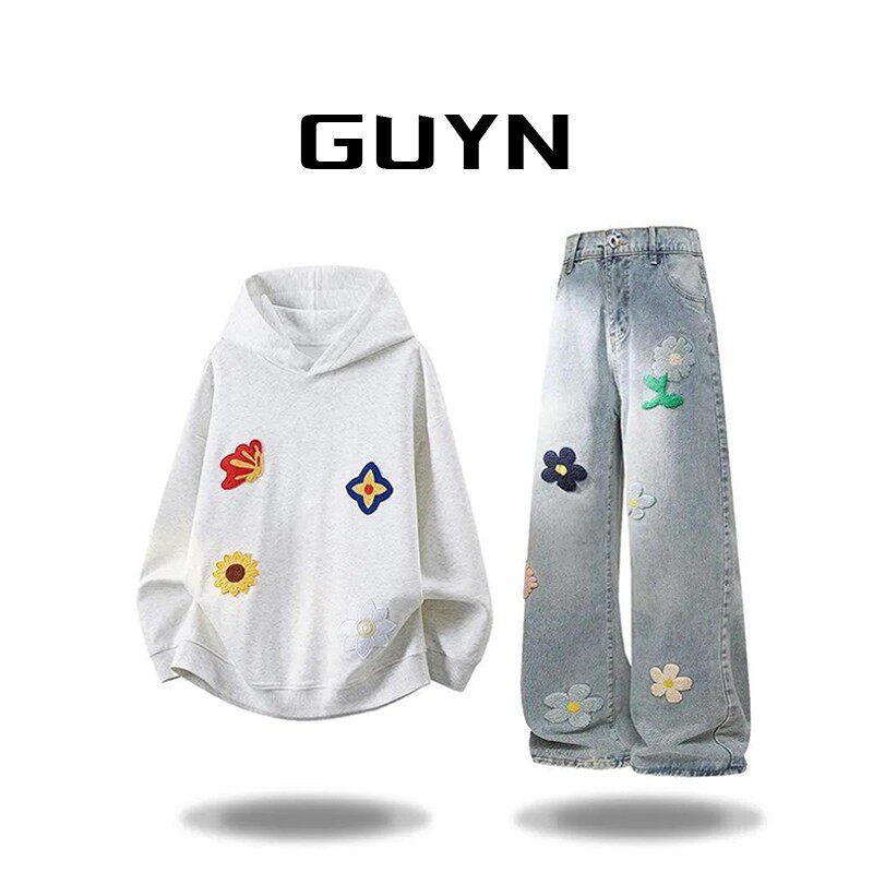 品牌现货】GUYN潮流卫衣套装男春季新款刺绣拼接时尚休闲两件套