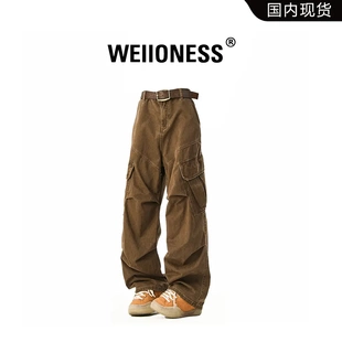 男寬松直筒復古闊腿休閑褲 WEIIONESS美式 純棉機能工裝 褲 子伐木褲