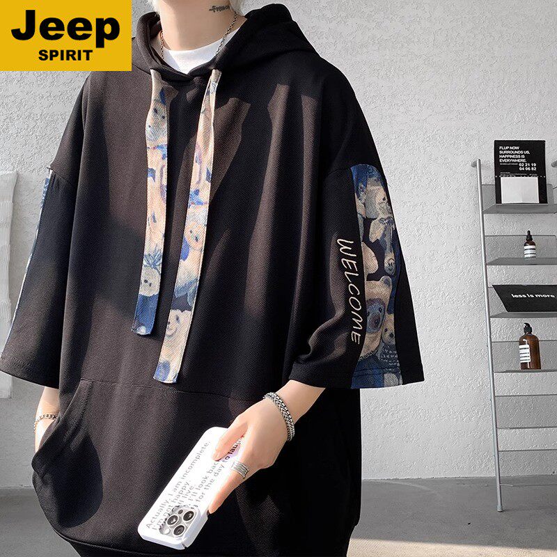 JEEPSPIRIT小熊连帽t恤男夏季2026新款短袖卫衣薄款大码七分半袖