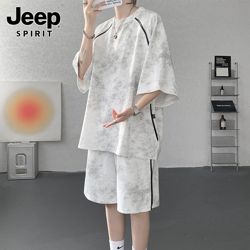 JEEPSPIRIT美式扎染运动套装男痞帅学生短裤2026新款休闲短袖t恤