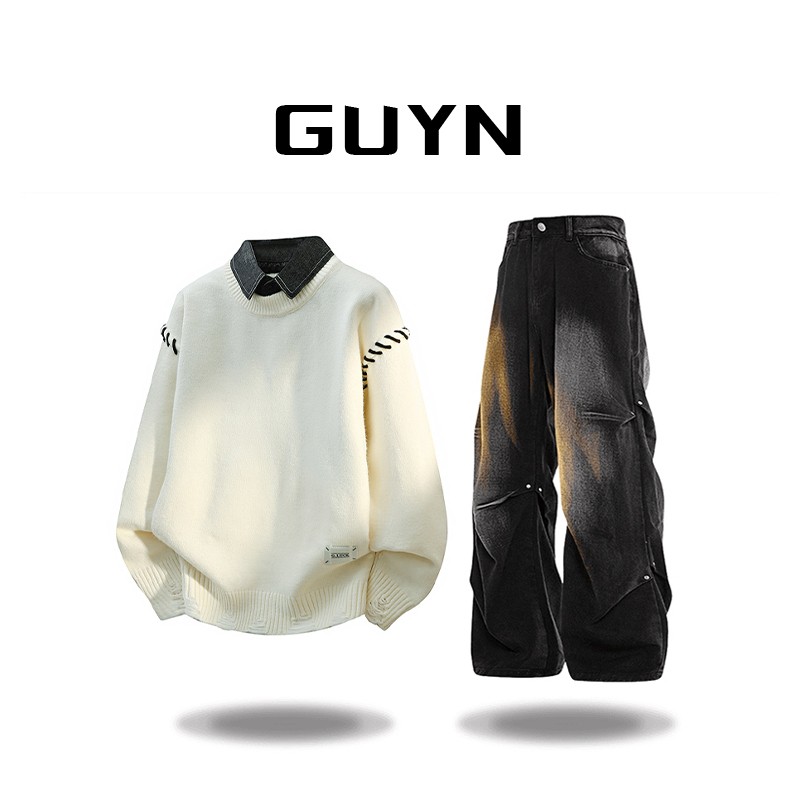 品牌正品现货】GUYN衬衫领毛衣男士秋冬假两件宽松百搭针织衫男装