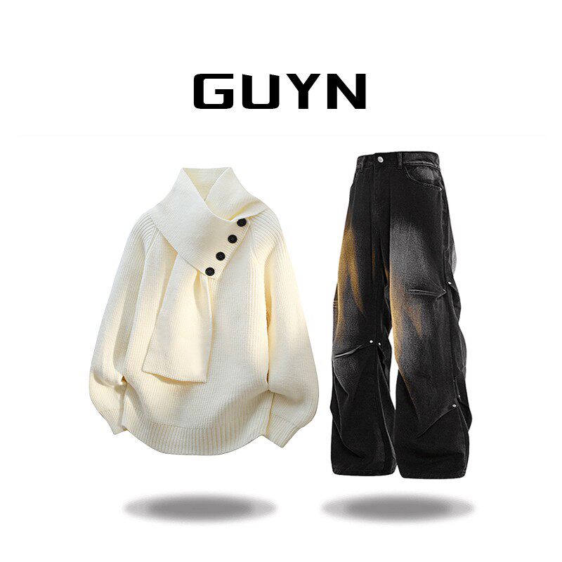 品牌正品】GUYN半高领毛衣套装男士秋冬季慵懒风可脱卸围巾针织衫