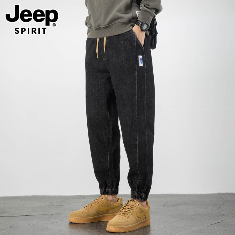 JEEPSPIRIT冬季加绒黑色牛仔裤男宽松束脚休闲大码松紧腰潮流裤子