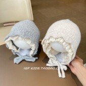 蕾丝边公主宝宝帽子秋冬季 新款 女童护耳保暖防风毛线帽系带宫廷帽