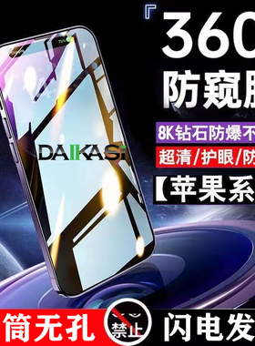 适用苹果15pro防偷窥钢化膜iphone13全屏360°防窥膜14plus全屏16保护膜