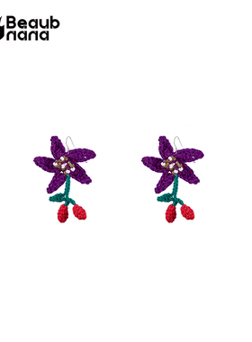 小黄香蕉手钩枸杞花耳环女夏天紫色花朵耳饰小众编织耳夹植物元素