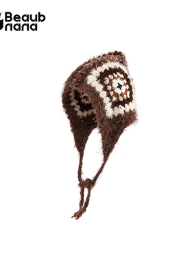 小黄香蕉手钩复古方格帽子女手工毛线针织拼接护耳帽冬季显脸小棕