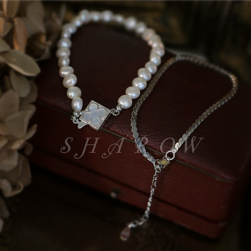 sharow「好运加倍(贝)」巴洛克珍珠四叶草925纯银简约手链叠戴